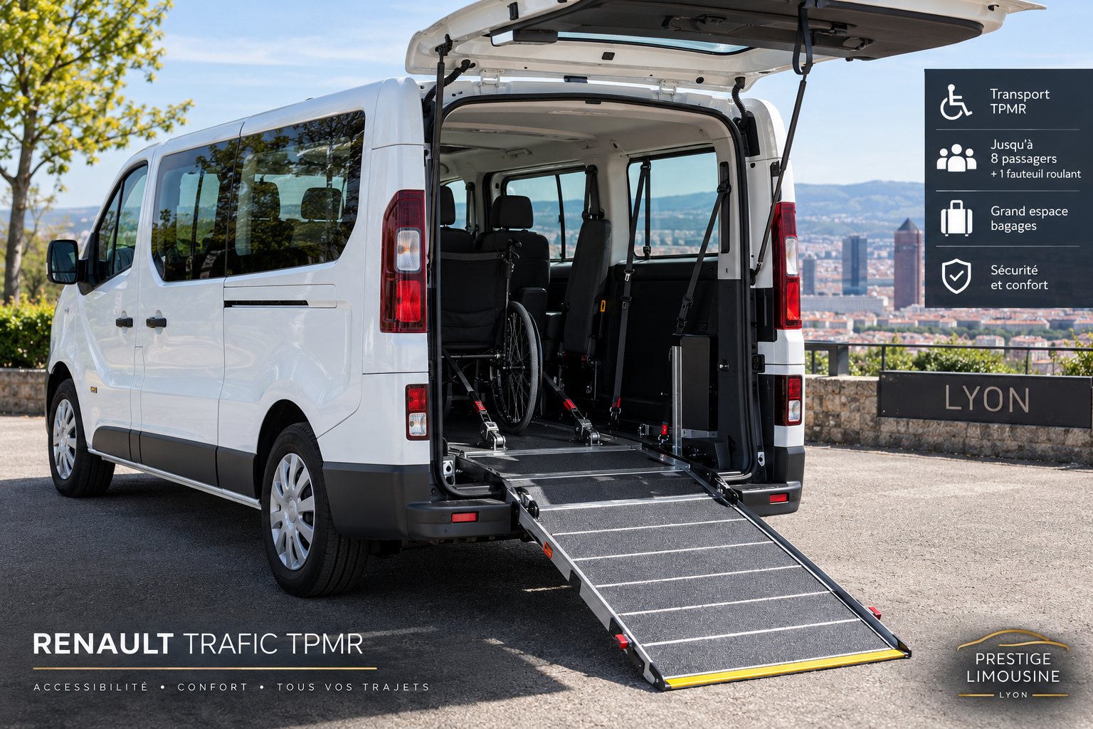 Renault Trafic TPMR blanc avec rampe pour fauteuil roulant à Lyon